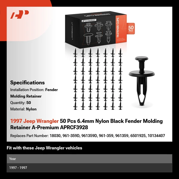 1997 Jeep Wrangler 50 Pcs 6.4mm Nylon Black Fender Molding Retainer A-Premium APRCF3928