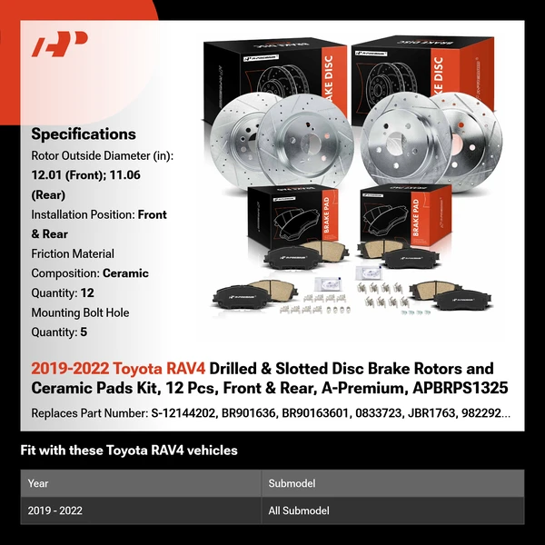 2019-2022 Toyota RAV4 Drilled & Slotted Disc Brake Rotors and Ceramic Pads Kit, 12 Pcs, Front & Rear, A-Premium, APBRPS1325