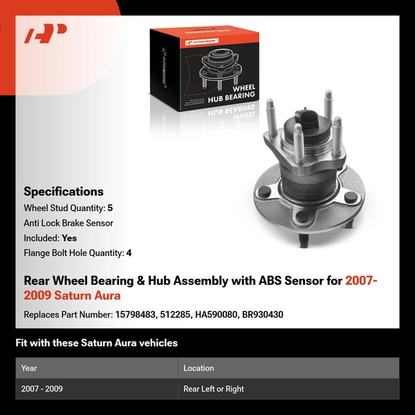 Rear Wheel Bearing & Hub Assembly with ABS Sensor for 2007-2009 Saturn Aura