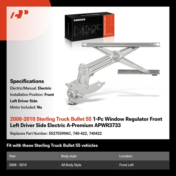 2008-2010 Sterling Truck Bullet 55 1-Pc Window Regulator Front Left Driver Side Electric A-Premium APWR3733