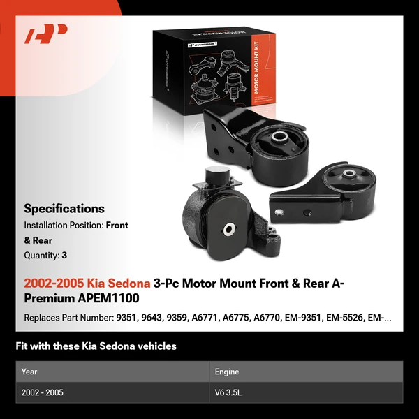 2002-2005 Kia Sedona 3-Pc Motor Mount Front & Rear A-Premium APEM1100