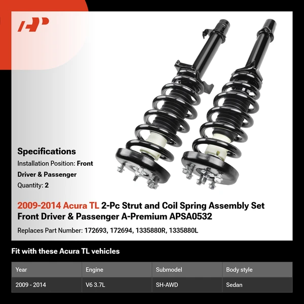 2009-2014 Acura TL 2-Pc Strut and Coil Spring Assembly Set Front Driver & Passenger A-Premium APSA0532