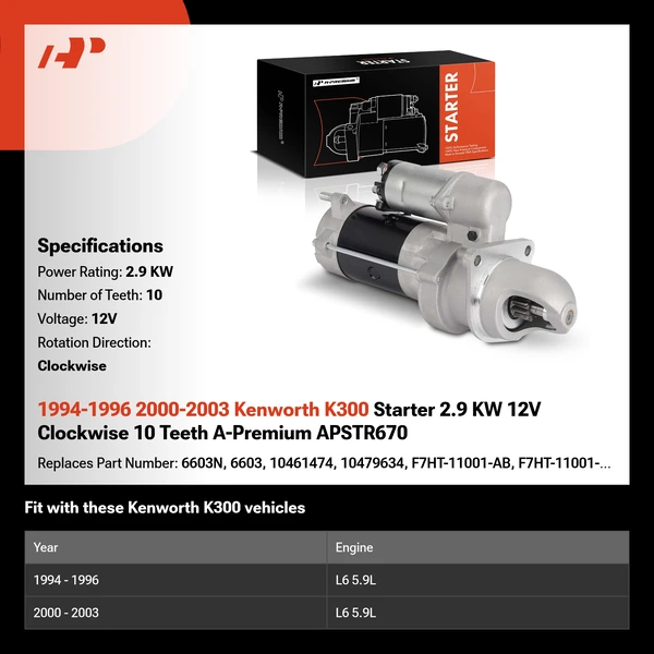 1994-1996 2000-2003 Kenworth K300 Starter 2.9 KW 12V Clockwise 10 Teeth A-Premium APSTR670