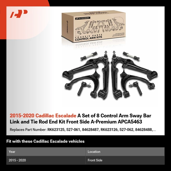 2015-2020 Cadillac Escalade A Set of 8 Control Arm Sway Bar Link and Tie Rod End Kit Front Side A-Premium APCA5463