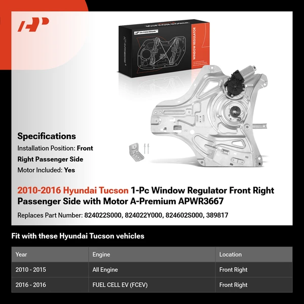2010-2016 Hyundai Tucson 1-Pc Window Regulator Front Right Passenger Side with Motor A-Premium APWR3667