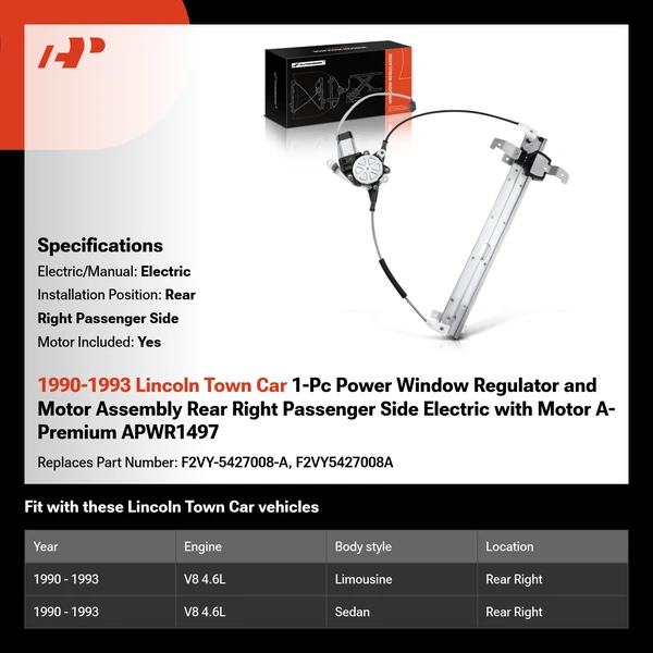 1990-1993 Lincoln Town Car 1-Pc Power Window Regulator and Motor Assembly Rear Right Passenger Side Electric with Motor A-Premium APWR1497
