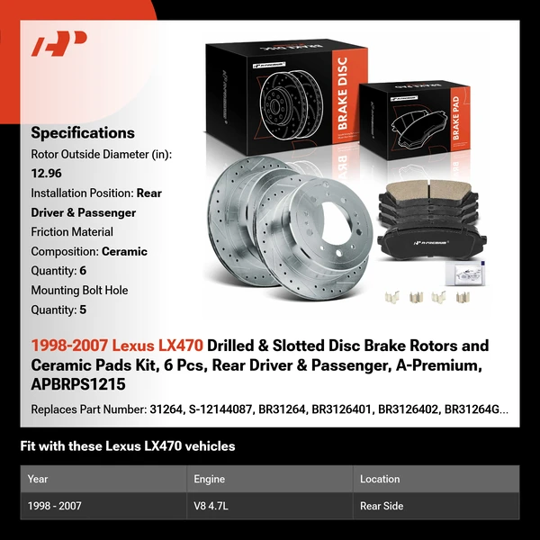 1998-2007 Lexus LX470 Drilled & Slotted Disc Brake Rotors and Ceramic Pads Kit, 6 Pcs, Rear Driver & Passenger, A-Premium, APBRPS1215