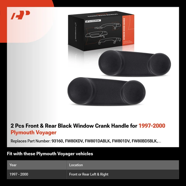 2 Pcs Front & Rear Black Window Crank Handle for 1997-2000 Plymouth Voyager