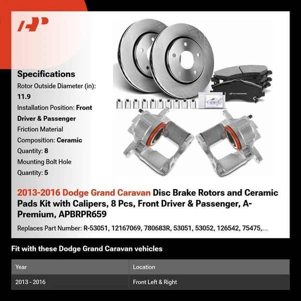 2013-2016 Dodge Grand Caravan Disc Brake Rotors and Ceramic Pads Kit with Calipers, 8 Pcs, Front Driver & Passenger, A-Premium, APBRPR659