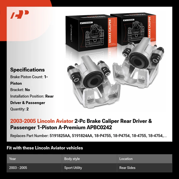 2003-2005 Lincoln Aviator 2-Pc Brake Caliper Rear Driver & Passenger 1-Piston A-Premium APBC0242