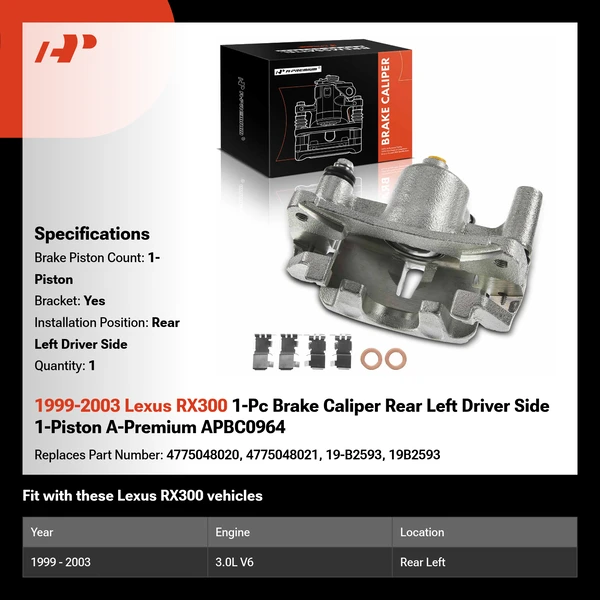 1999-2003 Lexus RX300 1-Pc Brake Caliper Rear Left Driver Side 1-Piston A-Premium APBC0964