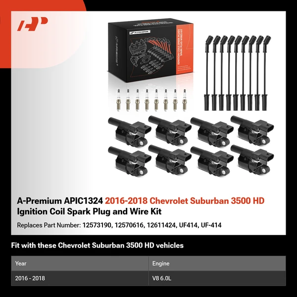 A-Premium APIC1324 2016-2018 Chevrolet Suburban 3500 HD Ignition Coil Spark Plug and Wire Kit
