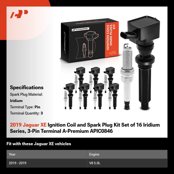 2019 Jaguar XE Ignition Coil and Spark Plug Kit Set of 16 Iridium Series, 3-Pin Terminal A-Premium APIC0846