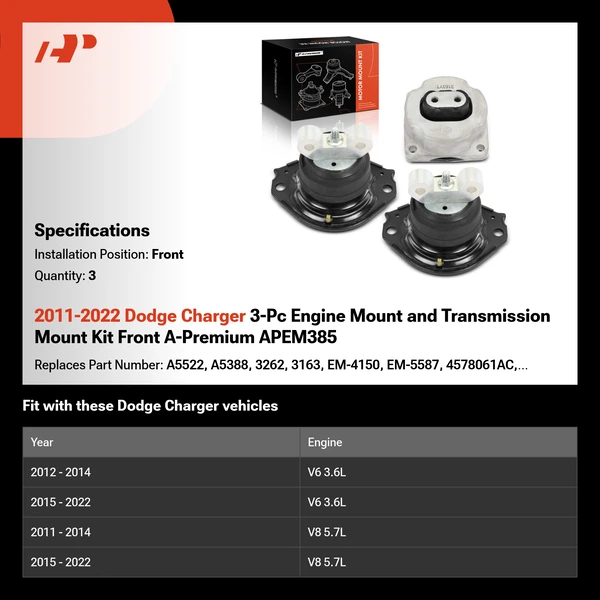 2011-2022 Dodge Charger 3-Pc Engine Mount and Transmission Mount Kit Front A-Premium APEM385
