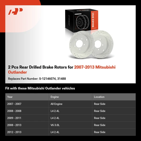 2 Pcs Rear Drilled Brake Rotors for 2007-2013 Mitsubishi Outlander