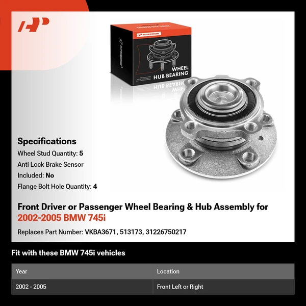 Front Driver or Passenger Wheel Bearing & Hub Assembly for 2002-2005 BMW 745i