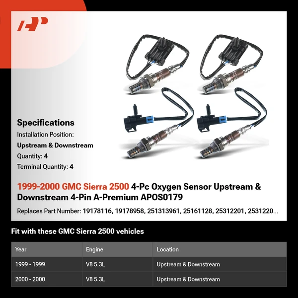 1999-2000 GMC Sierra 2500 4-Pc Oxygen Sensor Upstream & Downstream 4-Pin A-Premium APOS0179