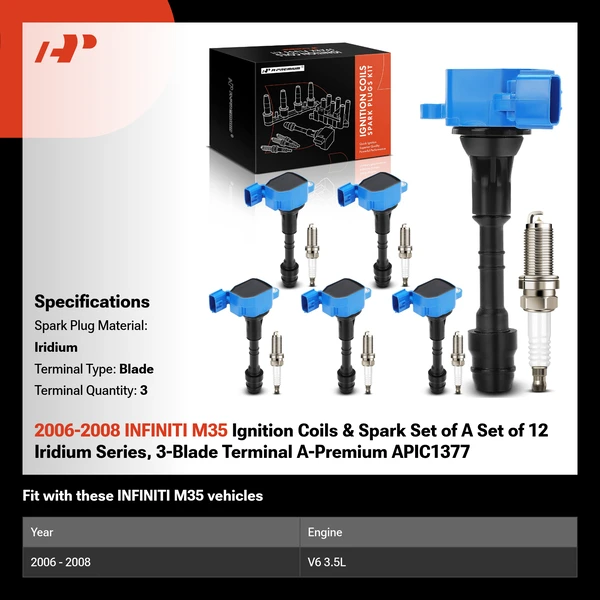 2006-2008 INFINITI M35 Ignition Coils & Spark Set of A Set of 12 Iridium Series, 3-Blade Terminal A-Premium APIC1377