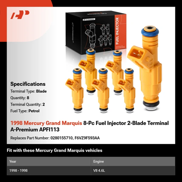 1998 Mercury Grand Marquis 8-Pc Fuel Injector 2-Blade Terminal A-Premium APFI113