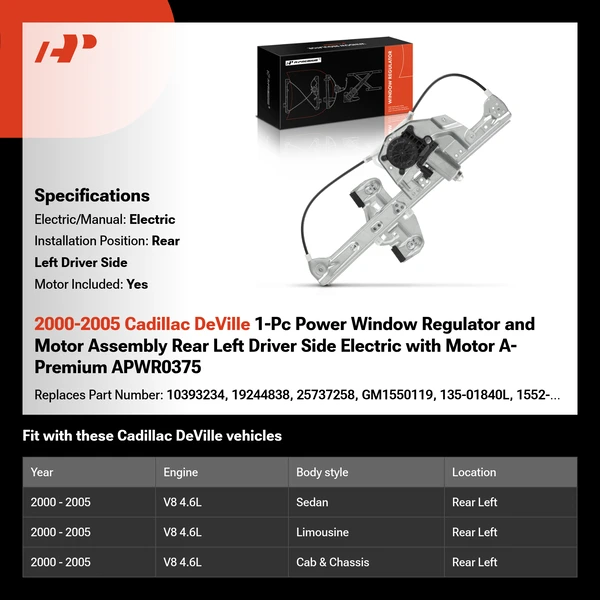 2000-2005 Cadillac DeVille 1-Pc Power Window Regulator and Motor Assembly Rear Left Driver Side Electric with Motor A-Premium APWR0375