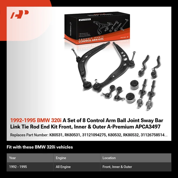1992-1995 BMW 320i A Set of 8 Control Arm Ball Joint Sway Bar Link Tie Rod End Kit Front, Inner & Outer A-Premium APCA3497