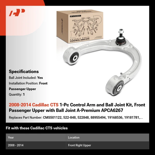 2008-2014 Cadillac CTS 1-Pc Control Arm and Ball Joint Kit, Front Passenger Upper with Ball Joint A-Premium APCA6267