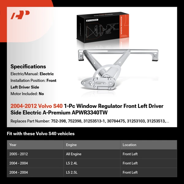 2004-2012 Volvo S40 1-Pc Window Regulator Front Left Driver Side Electric A-Premium APWR3340TW