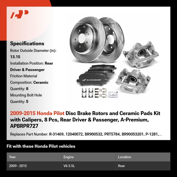 2009-2015 Honda Pilot Disc Brake Rotors and Ceramic Pads Kit with Calipers, 8 Pcs, Rear Driver & Passenger, A-Premium, APBRPR727