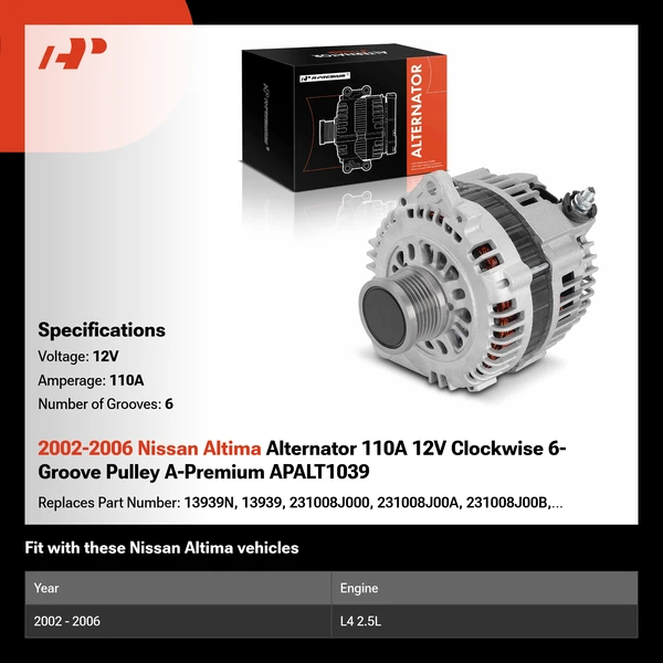 2002-2006 Nissan Altima Alternator 110A 12V Clockwise 6-Groove Pulley A-Premium APALT1039