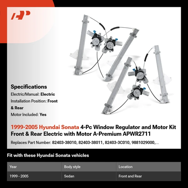 1999-2005 Hyundai Sonata 4-Pc Window Regulator and Motor Kit Front & Rear Electric with Motor A-Premium APWR2711