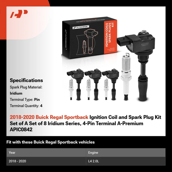 2018-2020 Buick Regal Sportback Ignition Coil and Spark Plug Kit Set of A Set of 8 Iridium Series, 4-Pin Terminal A-Premium APIC0842