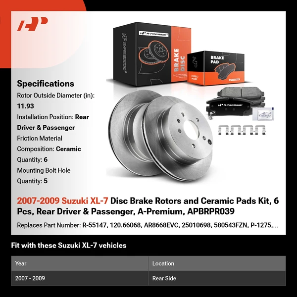 2007-2009 Suzuki XL-7 Disc Brake Rotors and Ceramic Pads Kit, 6 Pcs, Rear Driver & Passenger, A-Premium, APBRPR039