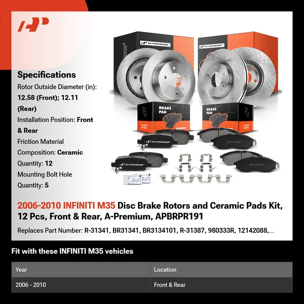 2006-2010 INFINITI M35 Disc Brake Rotors and Ceramic Pads Kit, 12 Pcs, Front & Rear, A-Premium, APBRPR191
