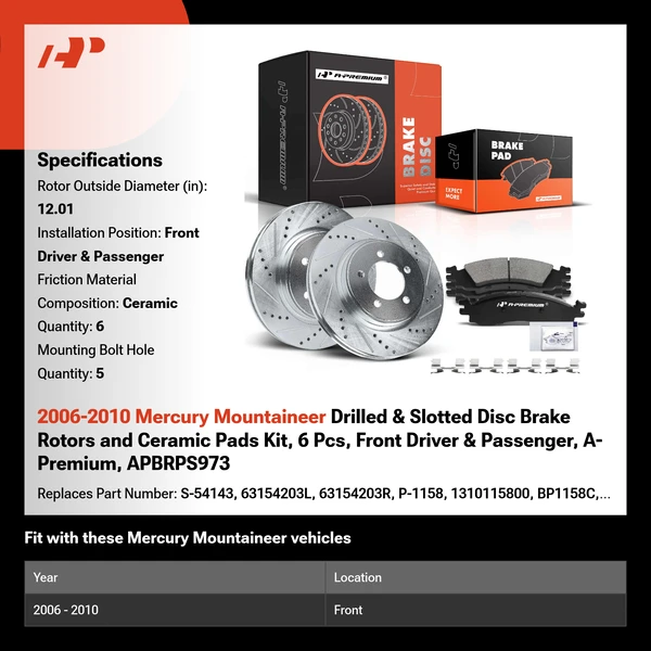 2006-2010 Mercury Mountaineer Drilled & Slotted Disc Brake Rotors and Ceramic Pads Kit, 6 Pcs, Front Driver & Passenger, A-Premium, APBRPS973