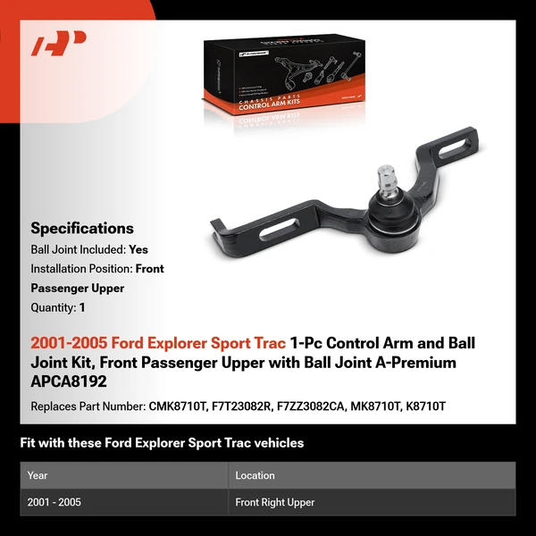2001-2005 Ford Explorer Sport Trac 1-Pc Control Arm and Ball Joint Kit, Front Passenger Upper with Ball Joint A-Premium APCA8192
