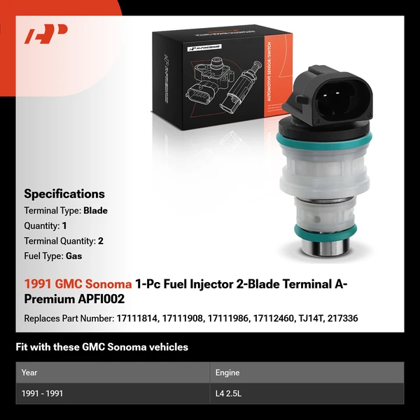 1991 GMC Sonoma 1-Pc Fuel Injector 2-Blade Terminal A-Premium APFI002