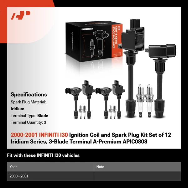2000-2001 INFINITI I30 Ignition Coil and Spark Plug Kit Set of 12 Iridium Series, 3-Blade Terminal A-Premium APIC0808