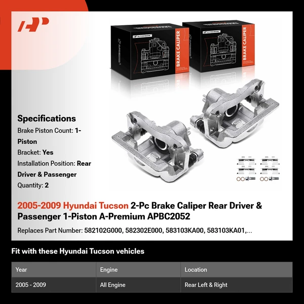2005-2009 Hyundai Tucson 2-Pc Brake Caliper Rear Driver & Passenger 1-Piston A-Premium APBC2052
