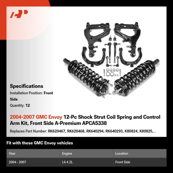 2004-2007 GMC Envoy 12-Pc Shock Strut Coil Spring and Control Arm Kit, Front Side A-Premium APCA5338