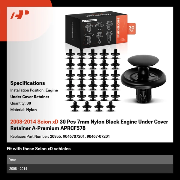 2008-2014 Scion xD 30 Pcs 7mm Nylon Black Engine Under Cover Retainer A-Premium APRCF578