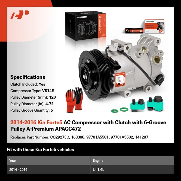 2014-2016 Kia Forte5 AC Compressor with Clutch with 6-Groove Pulley A-Premium APACC472