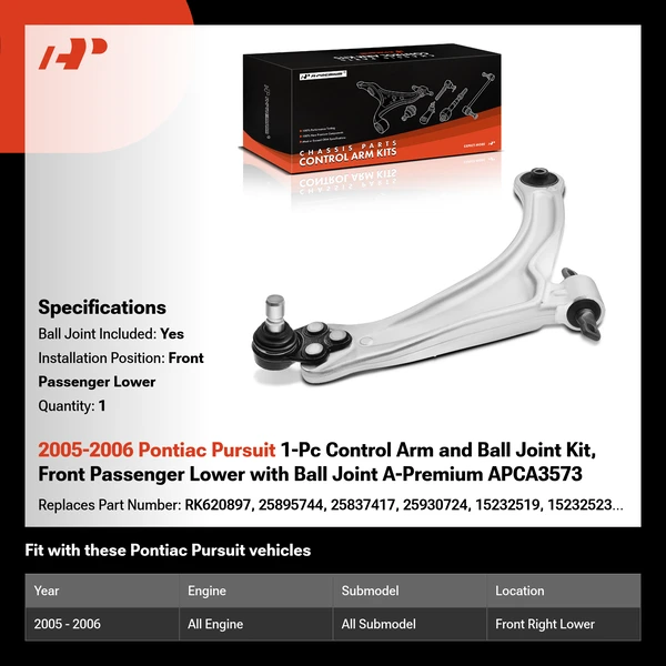 2005-2006 Pontiac Pursuit 1-Pc Control Arm and Ball Joint Kit, Front Passenger Lower with Ball Joint A-Premium APCA3573