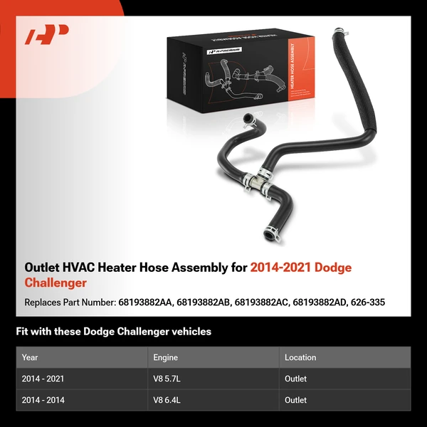 Outlet HVAC Heater Hose Assembly for 2014-2021 Dodge Challenger