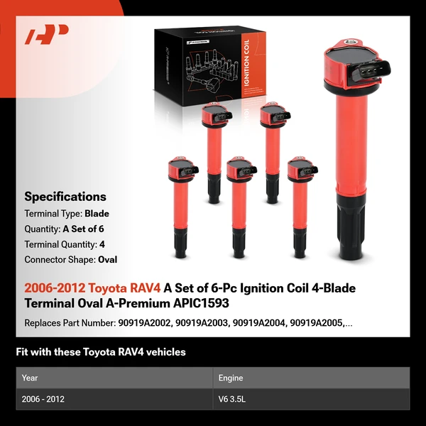 2006-2012 Toyota RAV4 A Set of 6-Pc Ignition Coil 4-Blade Terminal Oval A-Premium APIC1593