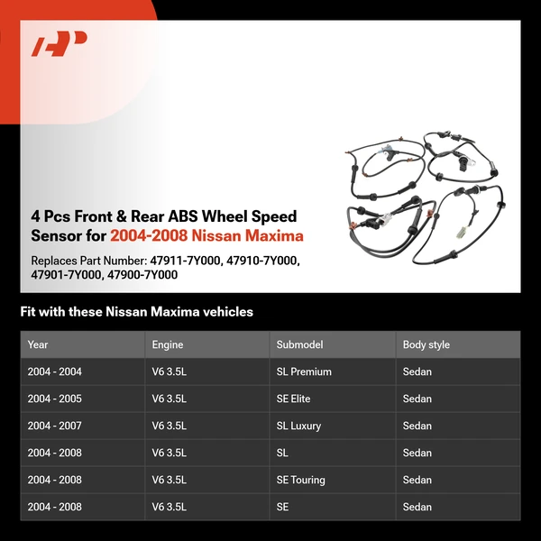 4 Pcs Front & Rear ABS Wheel Speed Sensor for 2004-2008 Nissan Maxima