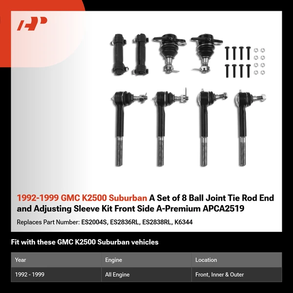 1992-1999 GMC K2500 Suburban A Set of 8 Ball Joint Tie Rod End and Adjusting Sleeve Kit Front Side A-Premium APCA2519