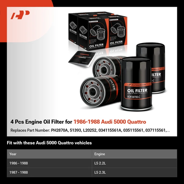 4 Pcs Engine Oil Filter for 1986-1988 Audi 5000 Quattro