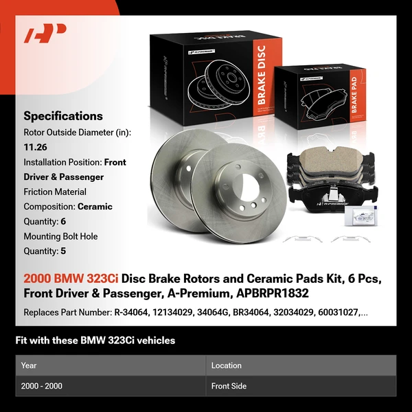 2000 BMW 323Ci Disc Brake Rotors and Ceramic Pads Kit, 6 Pcs, Front Driver & Passenger, A-Premium, APBRPR1832