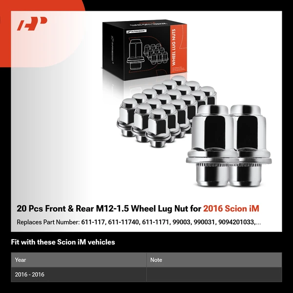 20 Pcs Front & Rear M12-1.5 Wheel Lug Nut for 2016 Scion iM