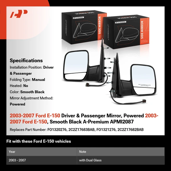 2003-2007 Ford E-150 Driver & Passenger Mirror, Powered 2003-2007 Ford E-150, Smooth Black A-Premium APMI2087